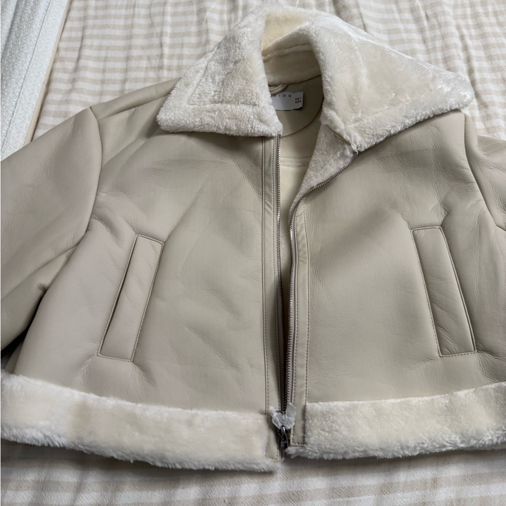 ASOS Off-White Leather Jacket with Faux Fur